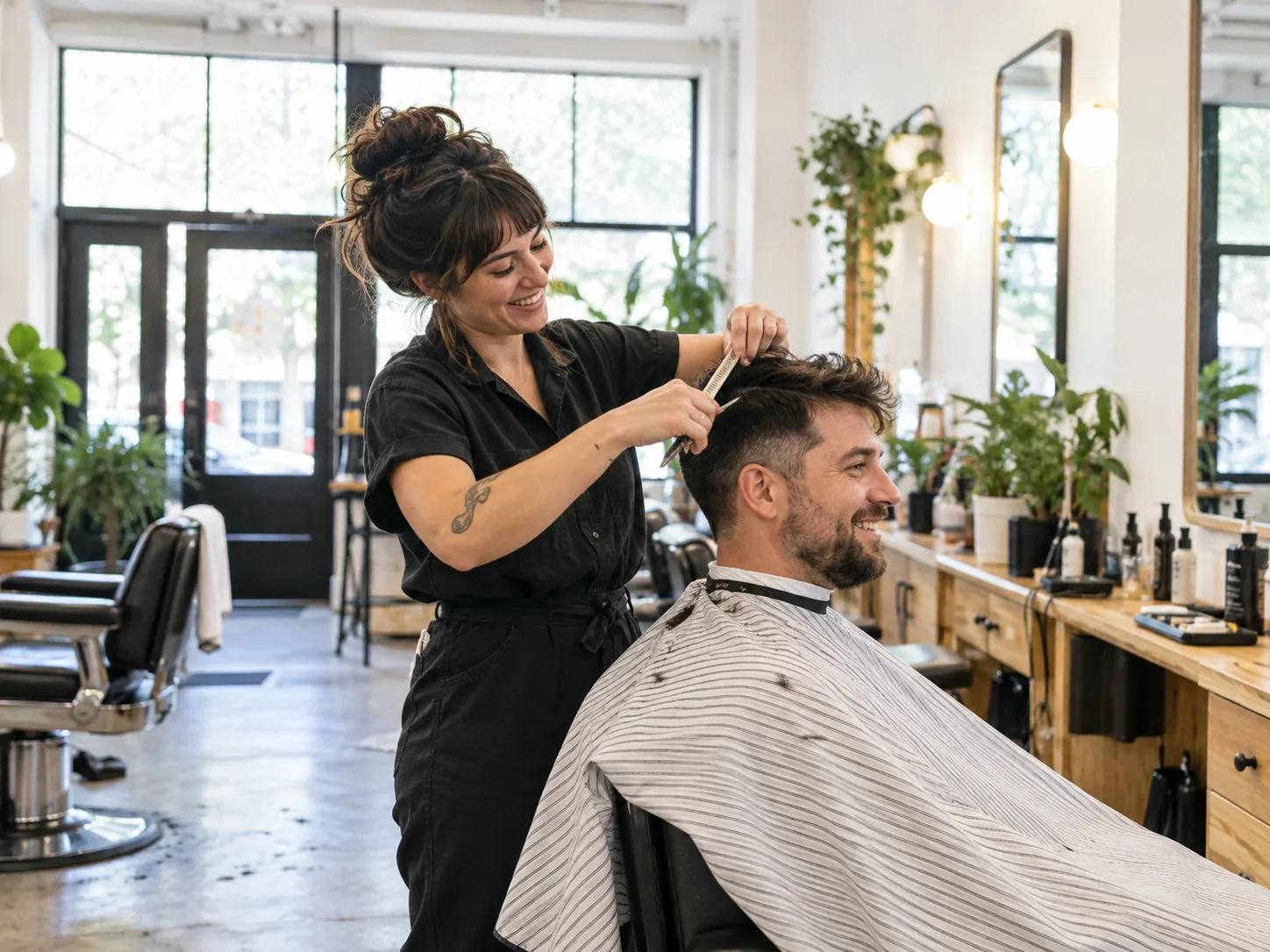 Barber giving a client a scissor cut in a bright neighborhood shop