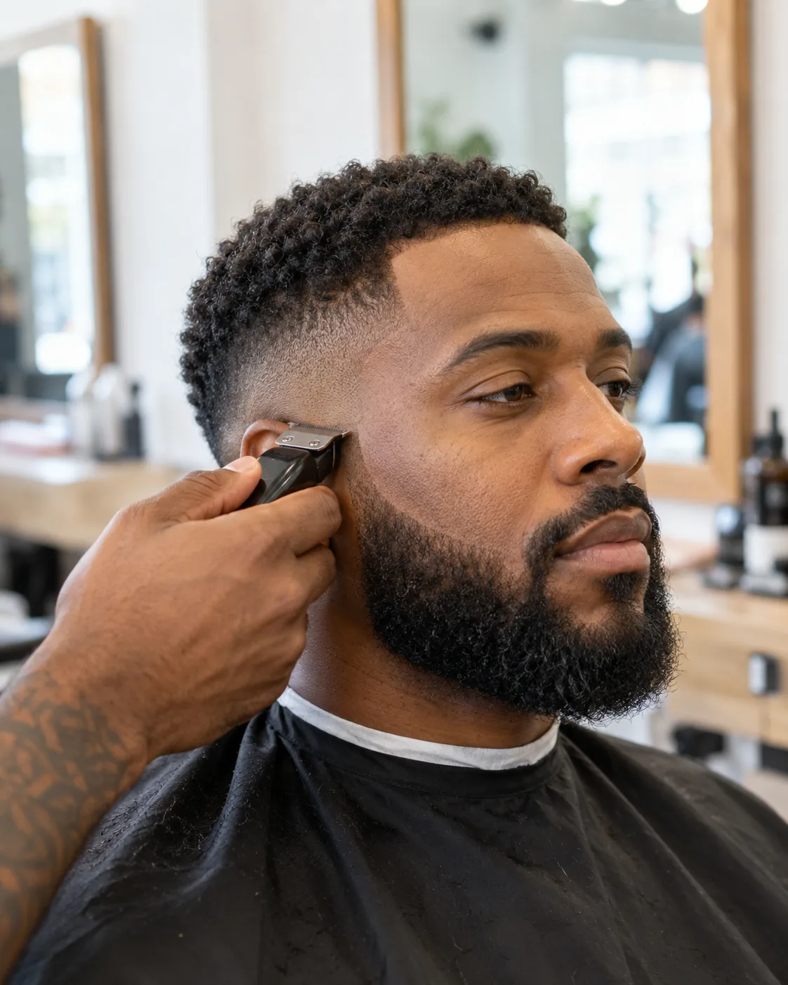 Low skin fade with a naturally shaped full beard